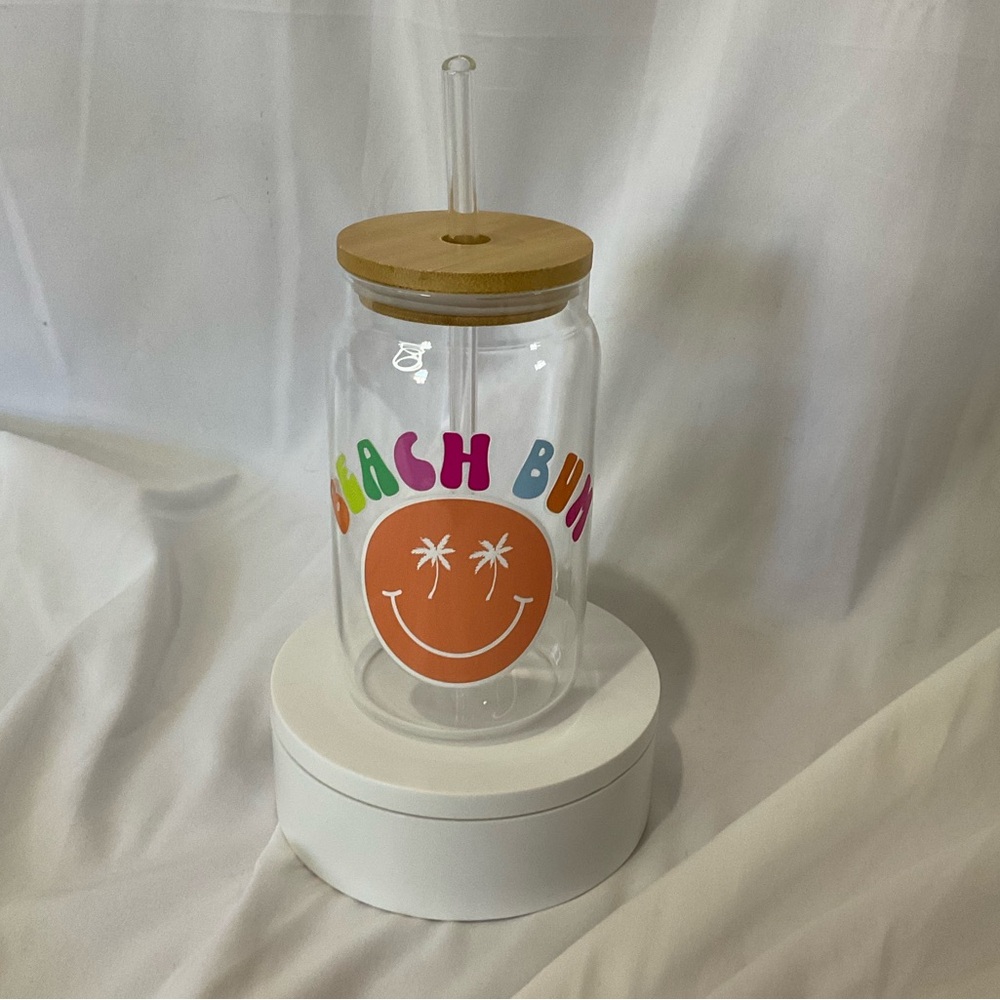 *SALE* 14 Ounce Handmade Clear Glass Can Cup, Bamboo Lid & Straw, Beach Bum New